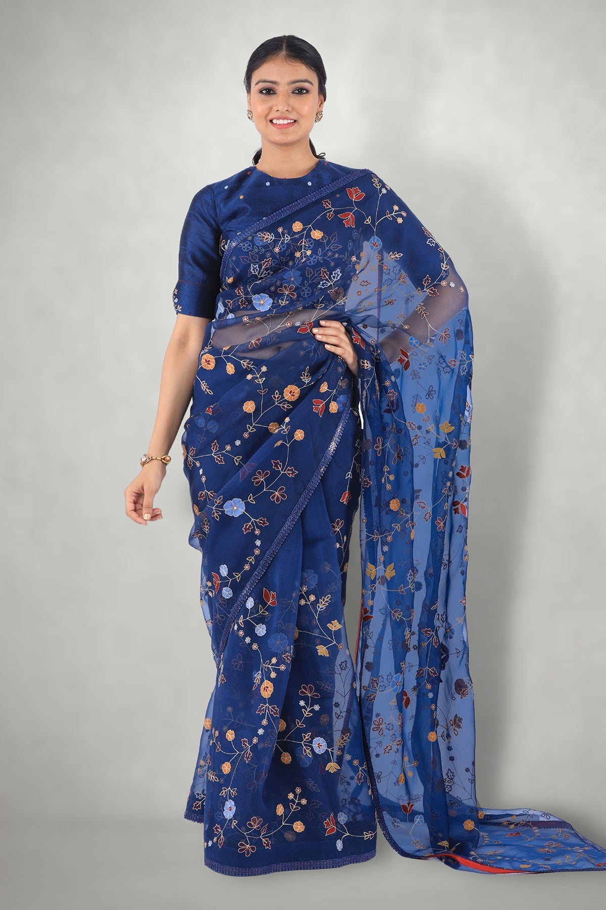 Blue Aari & Mirror Work Saree Set