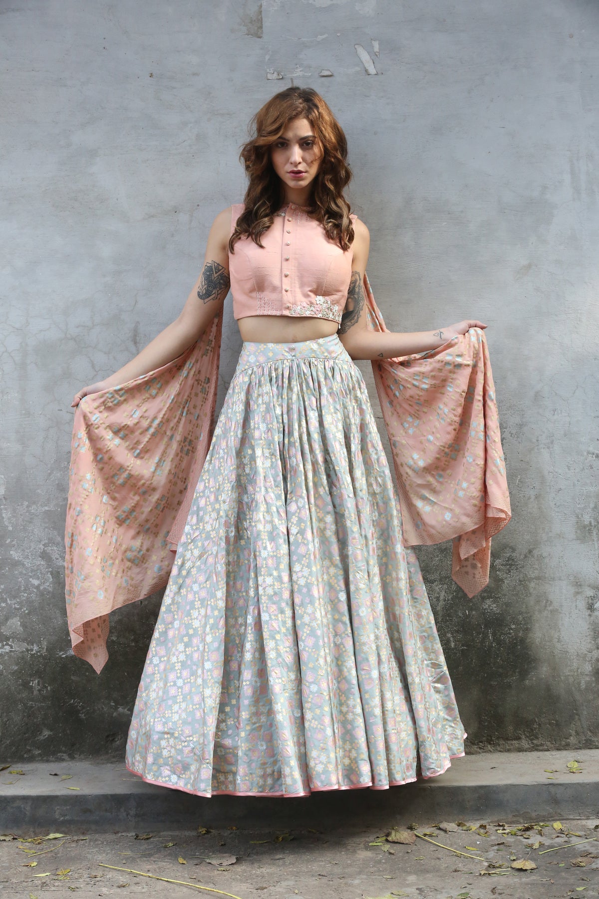 Mint Peach Ikat Printed Lehenga Set