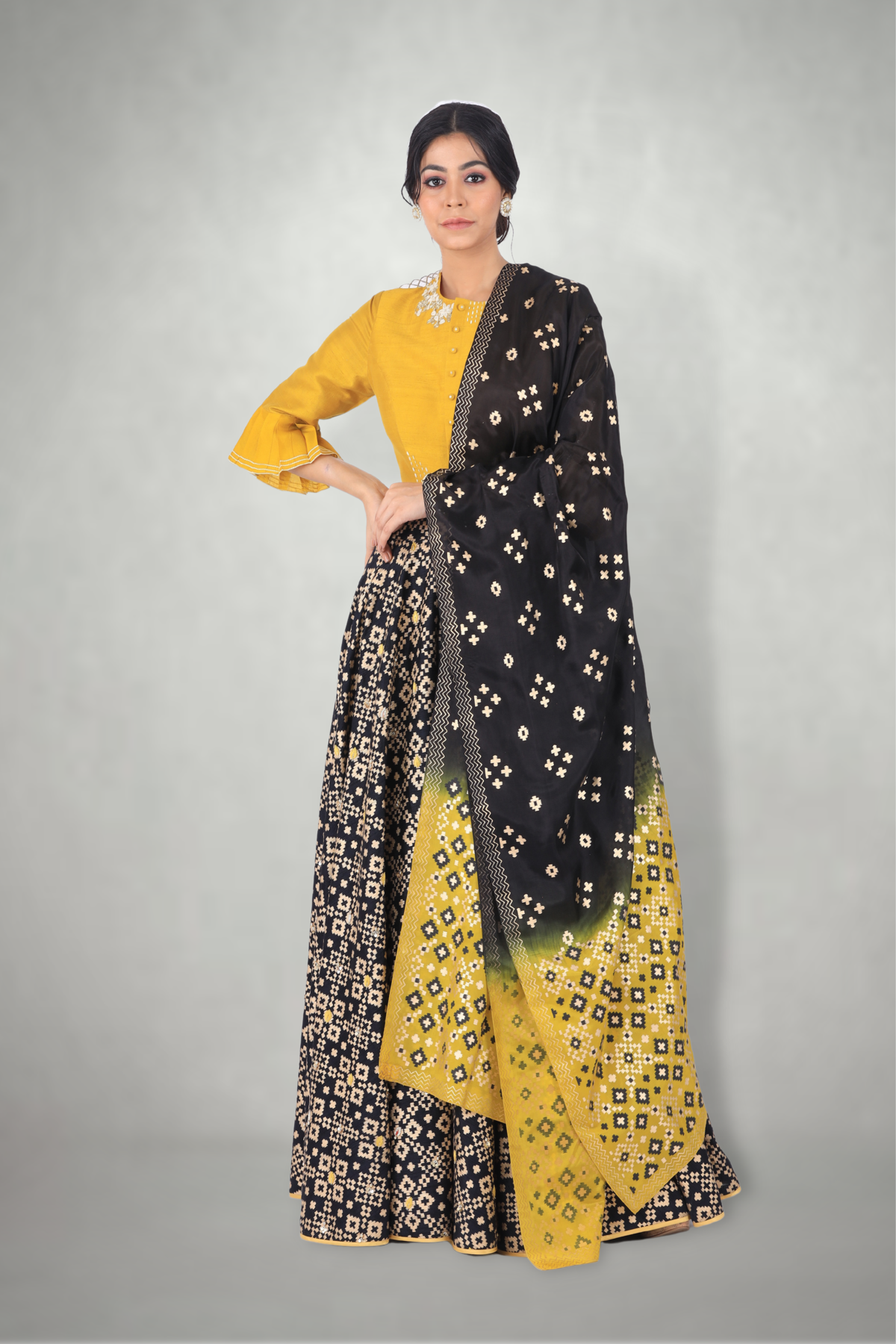 Black Mustard Ikat Printed Lehenga Set