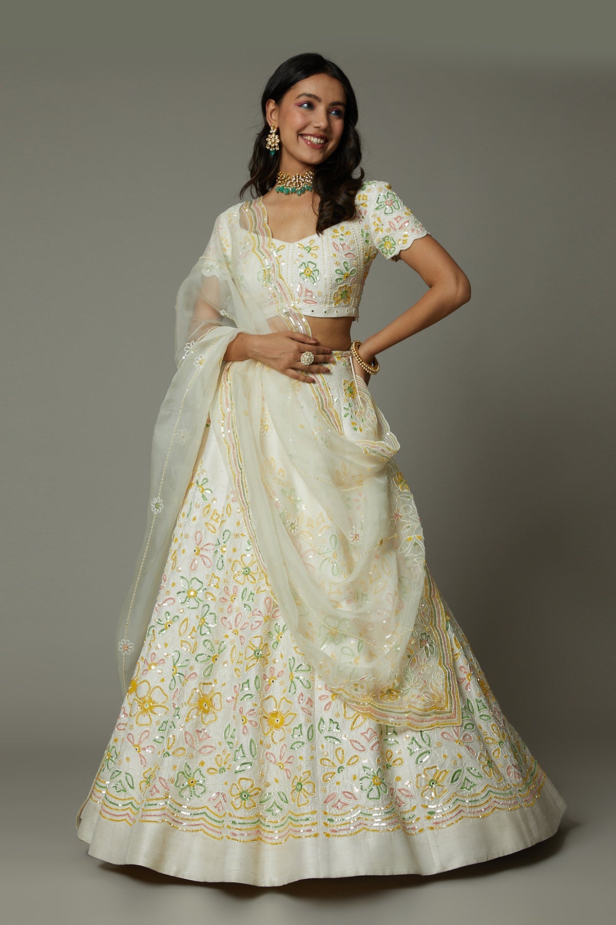 French vanilla candy hand embroidered raw silk lehenga set