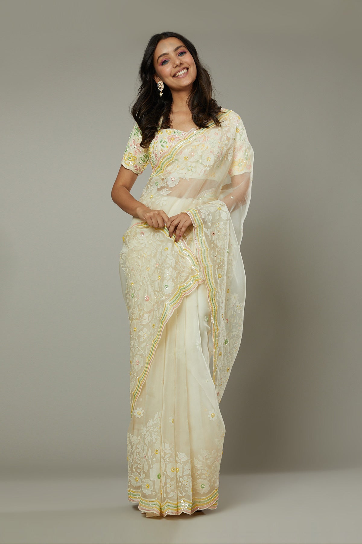 French vanilla candy applique & hand emboidered silk organza saree set