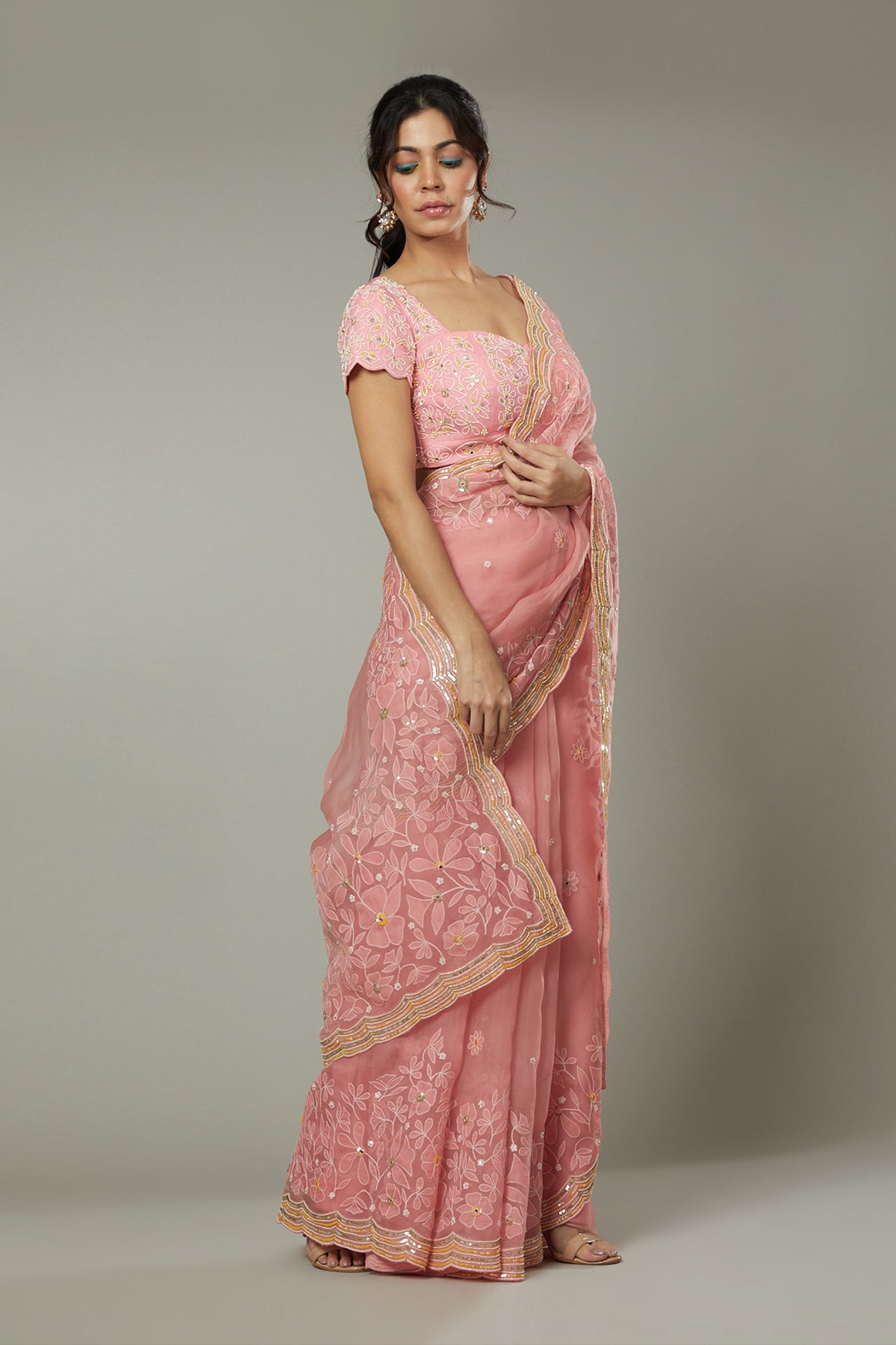 Candy floss applique & hand emboidered silk organza saree set