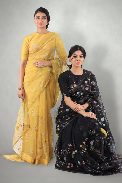 Mustard Aari & Mirror Work Saree Set