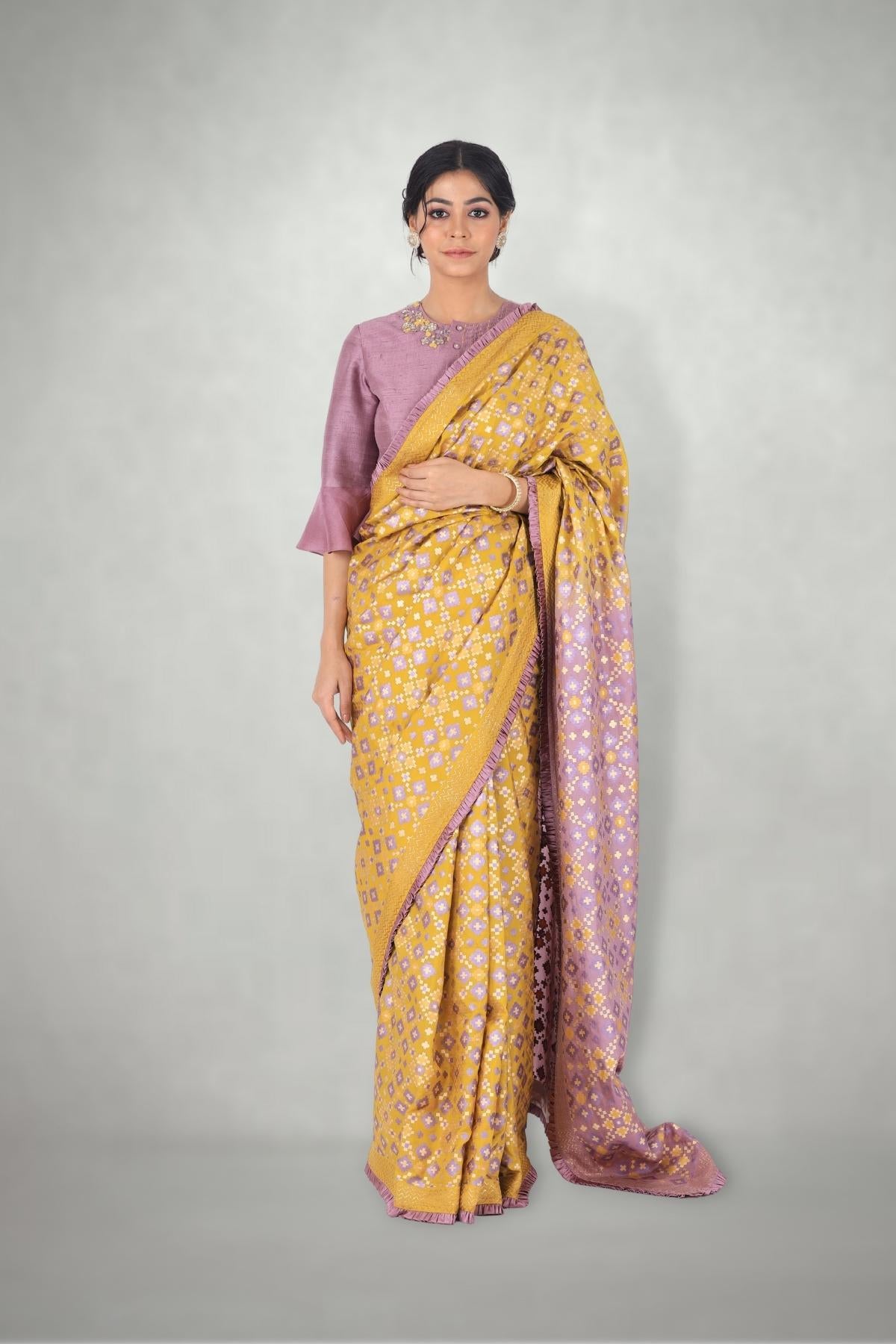 Mauve & Mustard Ombre Ikat Printed Saree Only