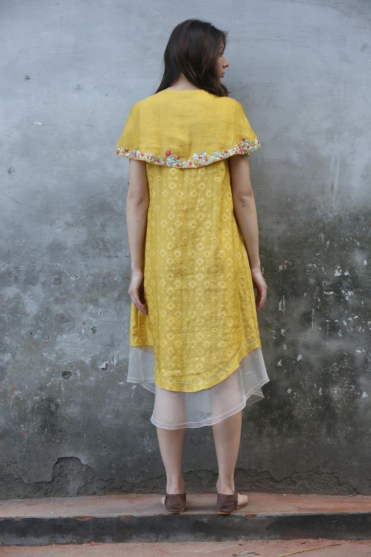 Mustard Embroidered Cape Kurta Dress