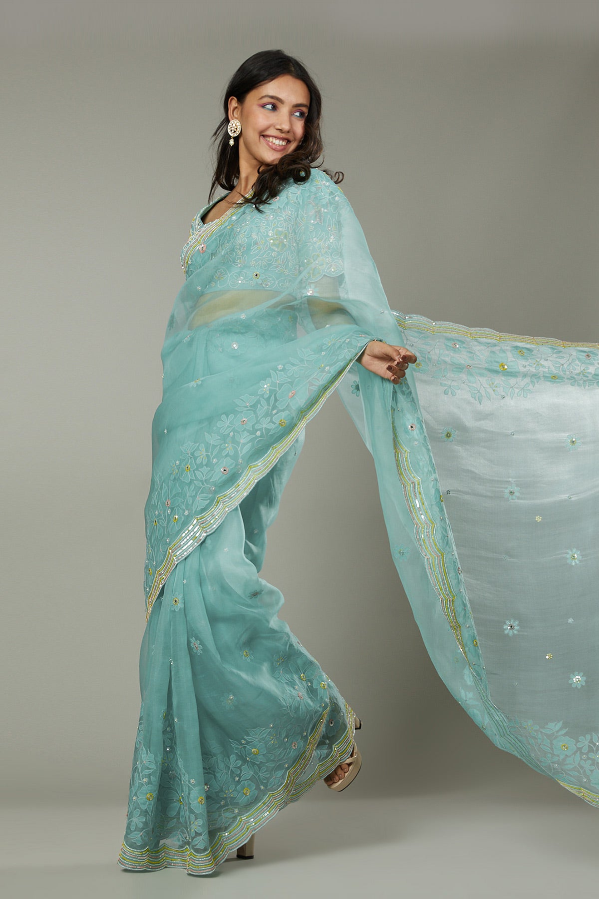 Pepper mint candy applique & hand emboidered silk organza saree set