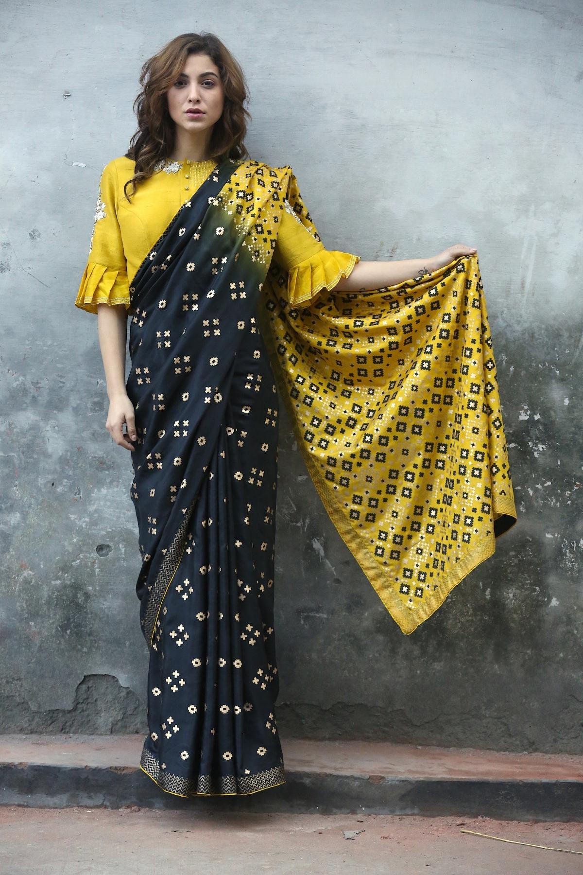 Black & Mustard Ombre Saree Set