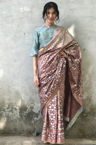 Mauve & Onion Pink Ombre Ikat Printed Silk Saree Only