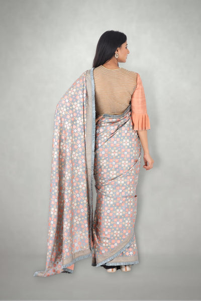 Mint Peach Ikat Printed Silk Saree Only