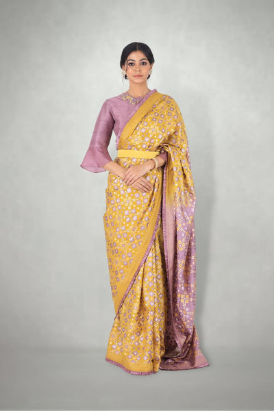 Mauve & Mustard Ombre Ikat Printed Saree Set