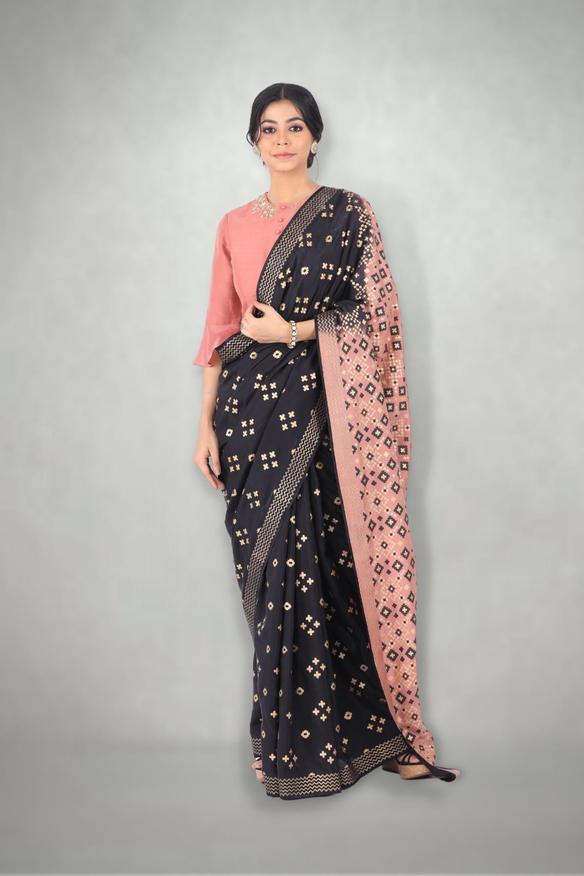 Black & Pink Ombre Ikat Printed Saree Set