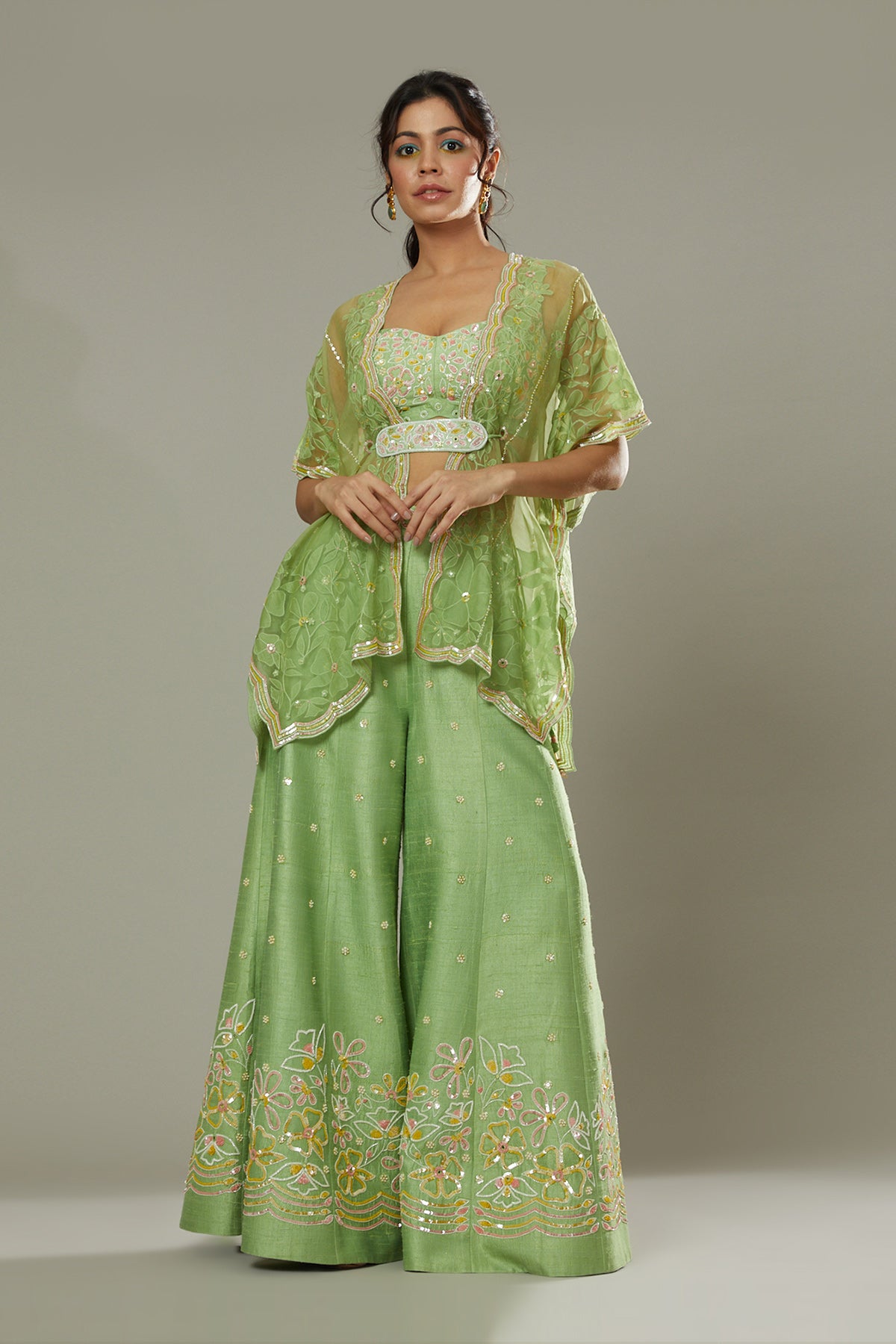 Green apple candy hand embroidered and applique work sharara cum plazzo set