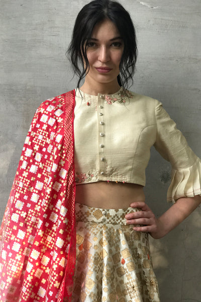 Ivory Ikat Printed & Embroidered Lehenga Set