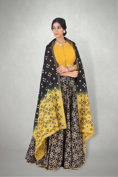 Black Mustard Ikat Printed Lehenga Set