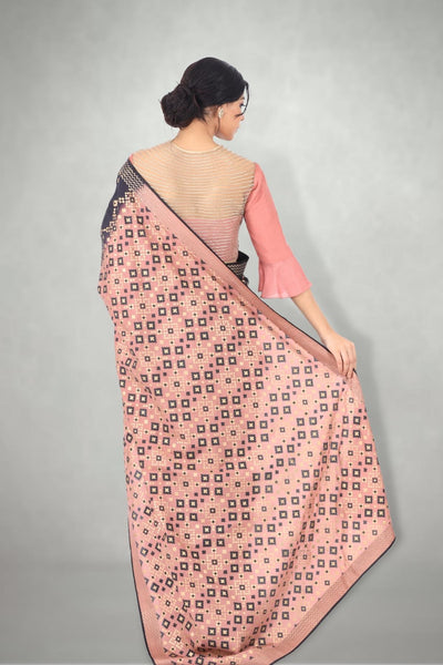 Black & Pink Ombre Ikat Printed Saree Only