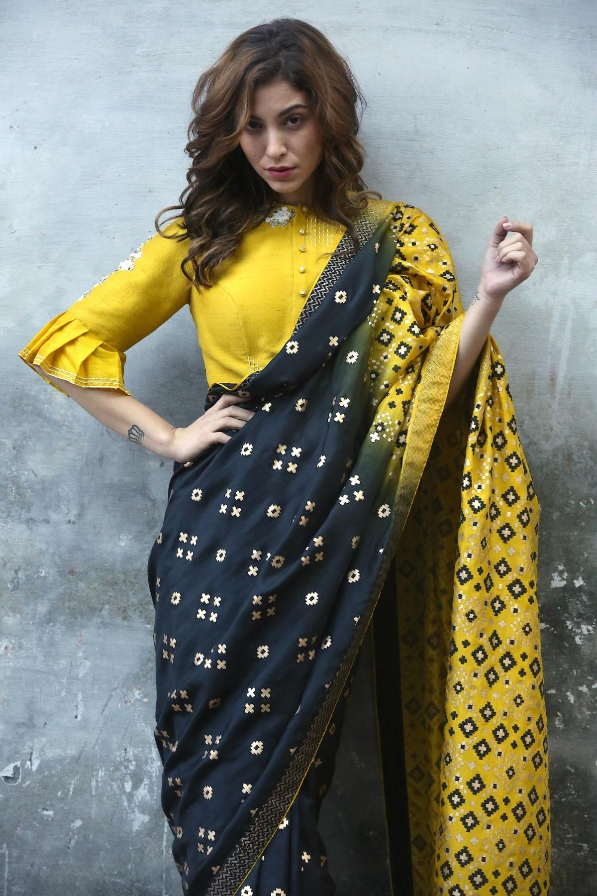 Black & Mustard Ombre Saree Set