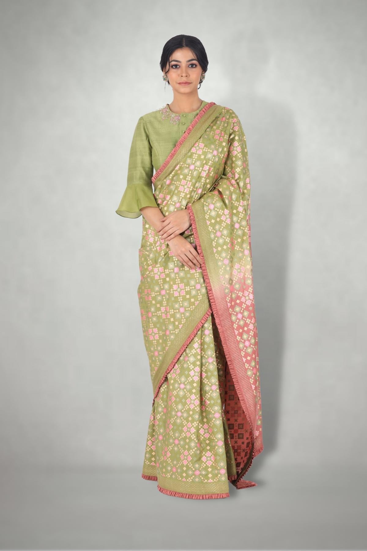 Green Pink Ombre Ikat Printed Silk Saree Set