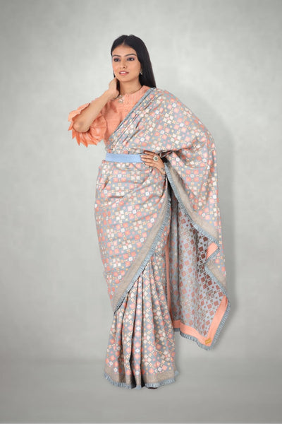 Mint Peach Ikat Printed Silk Saree Set