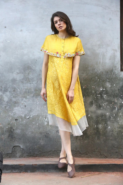 Mustard Embroidered Cape Kurta Dress