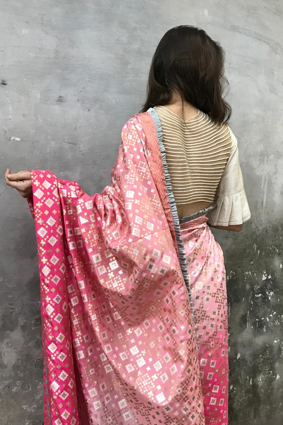 Pink Peach Ombre Ikat Printed Silk Saree Only