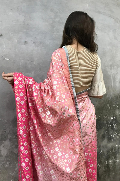 Pink Peach Ombre Ikat Printed Silk Saree Only