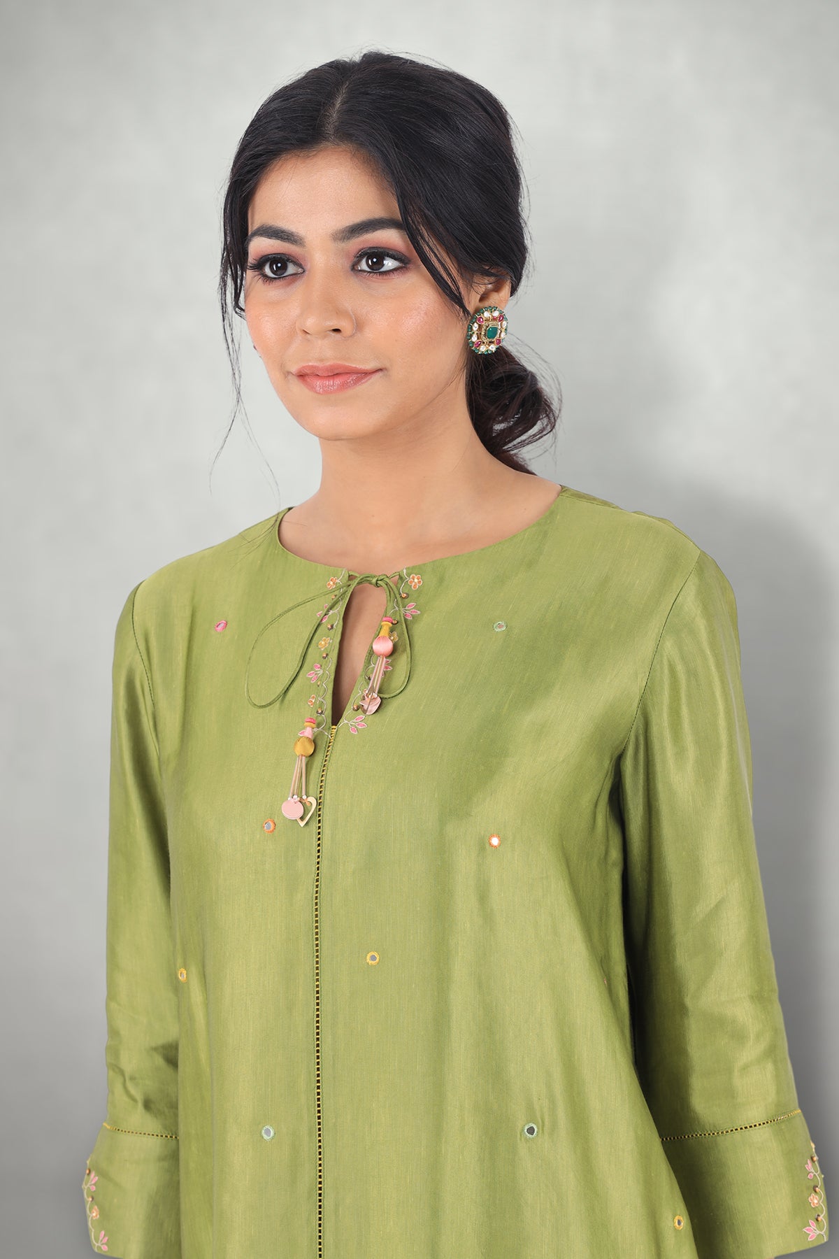 Olive Green Aari & Mirror Work Suit Set