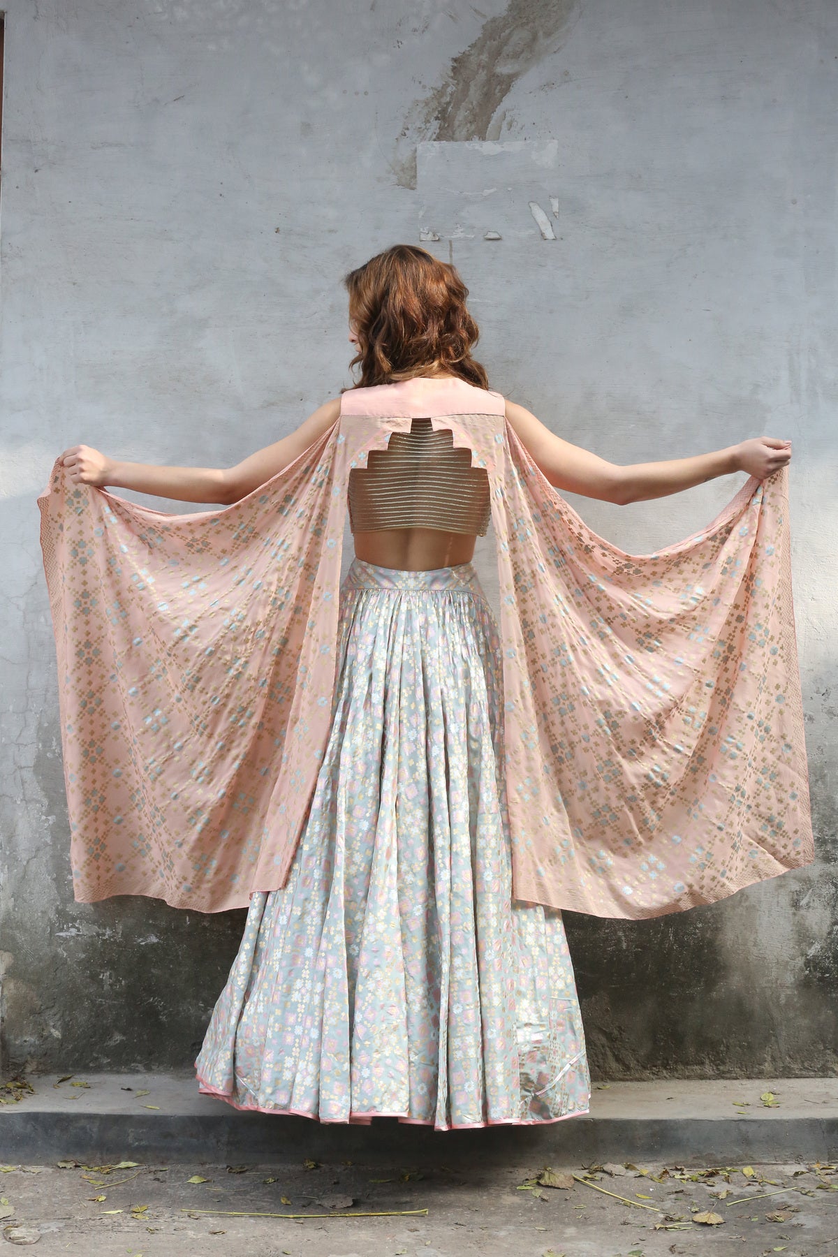 Mint Peach Ikat Printed Lehenga Set