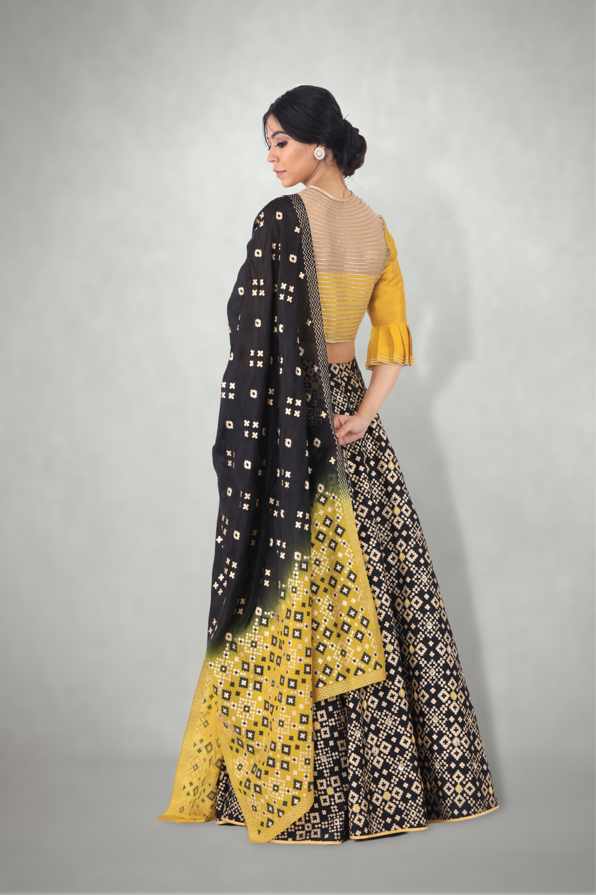 Black Mustard Ikat Printed Lehenga Set