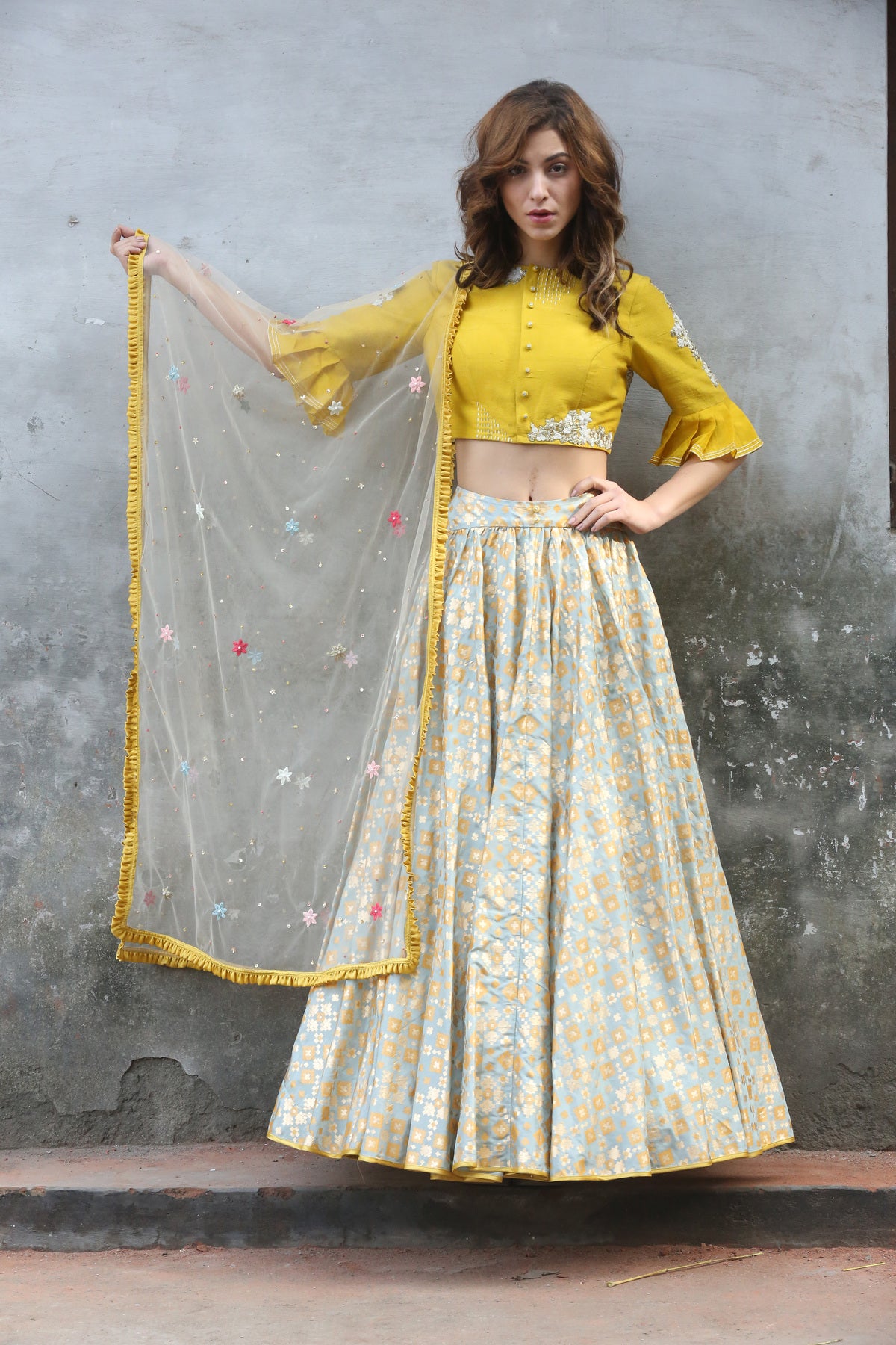 Mint Mustard Ikat Printed Lehenga Set