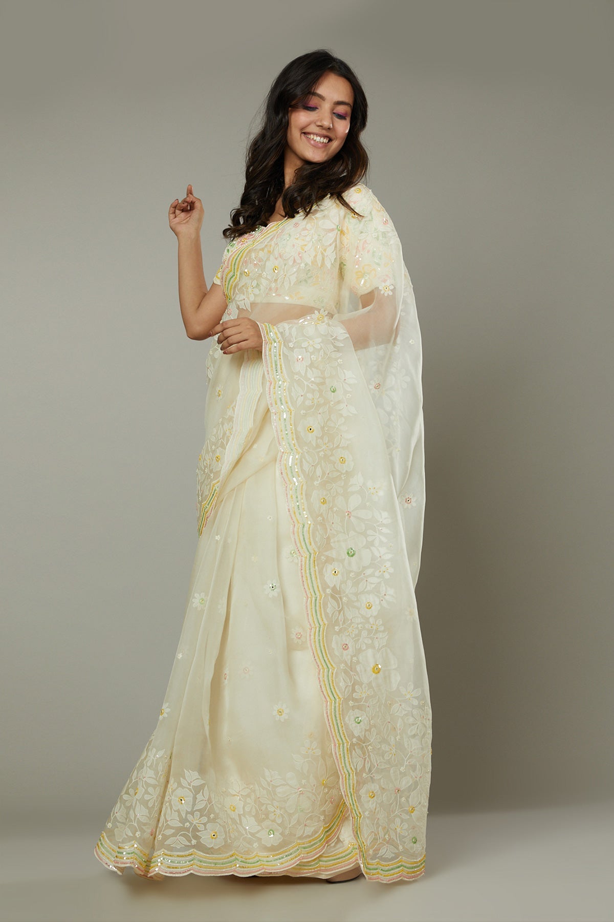 French vanilla candy applique & hand emboidered silk organza saree set