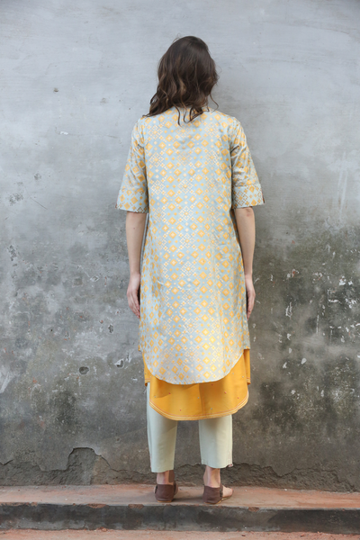 Mint Mustard Ikat Printed Kurta Set