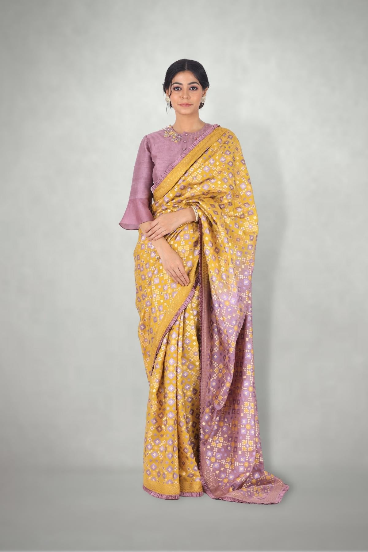 Mauve & Mustard Ombre Ikat Printed Saree Only