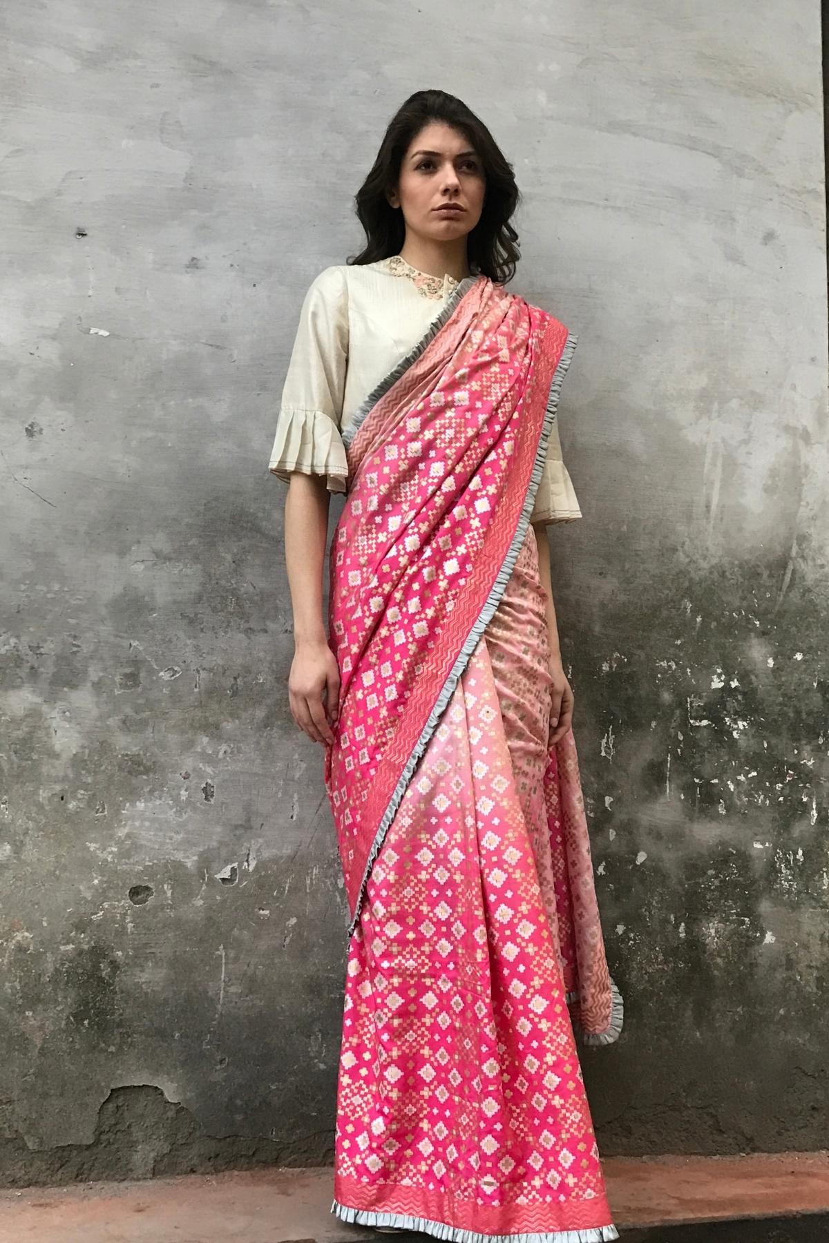 Pink Peach Ombre Ikat Printed Silk Saree Only