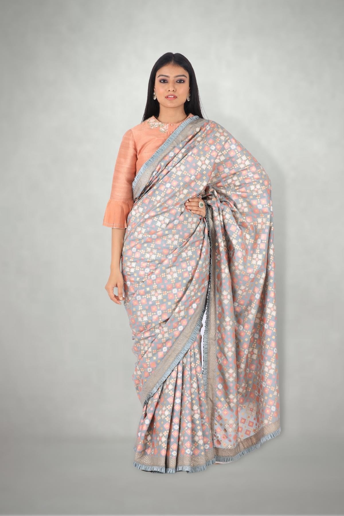 Mint Peach Ikat Printed Silk Saree Only