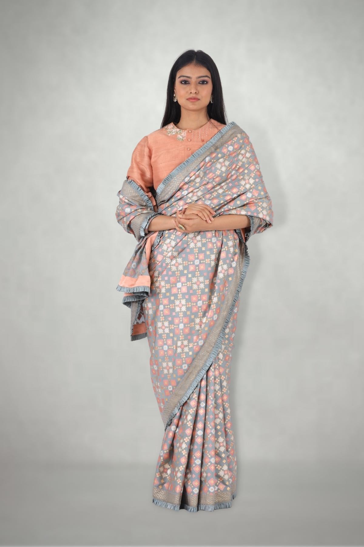 Mint Peach Ikat Printed Silk Saree Set