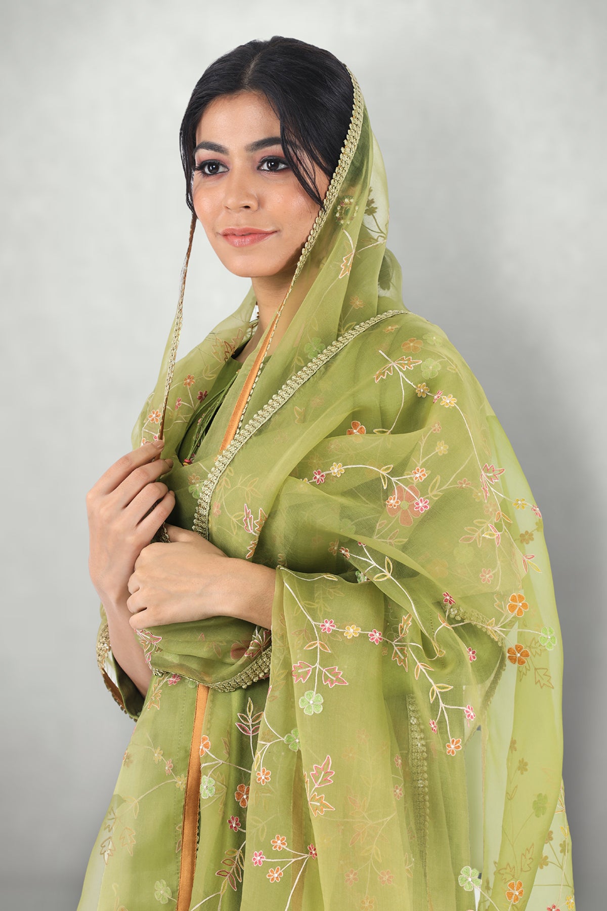 Olive Green Aari & Mirror Work Suit Set