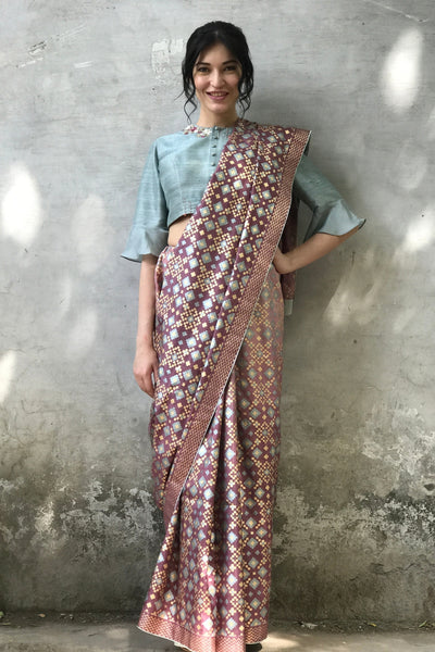 Mauve & Onion Pink Ombre Ikat Printed Silk Saree Only