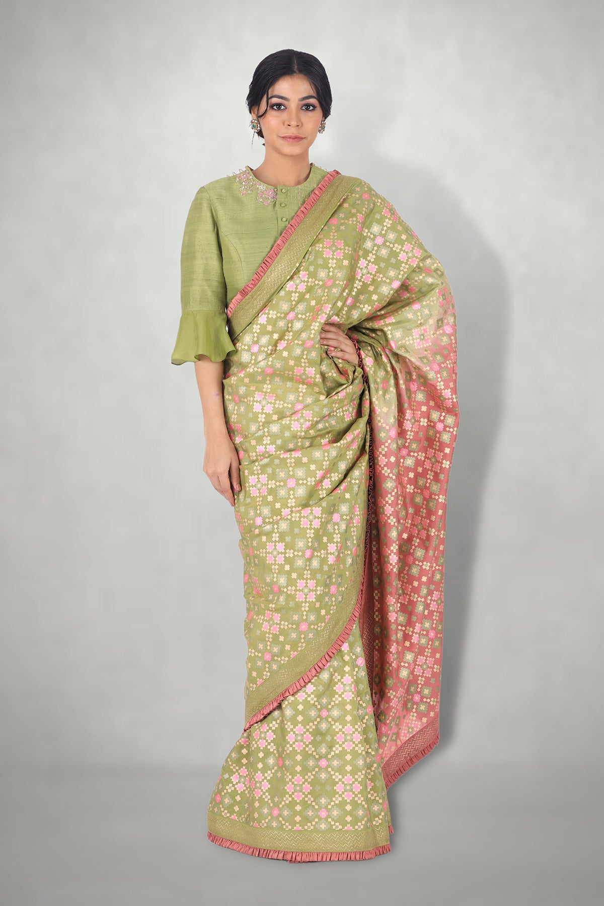 Green Pink Ombre Ikat Printed Silk Saree Only