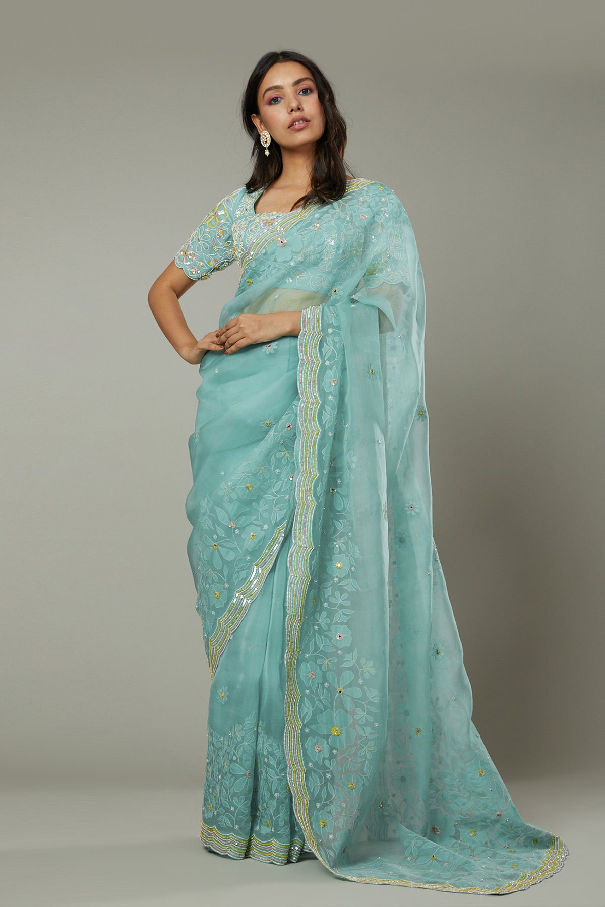 Pepper mint candy applique & hand emboidered silk organza saree