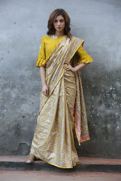 Beige Gold Ikat Printed Silk Saree Set