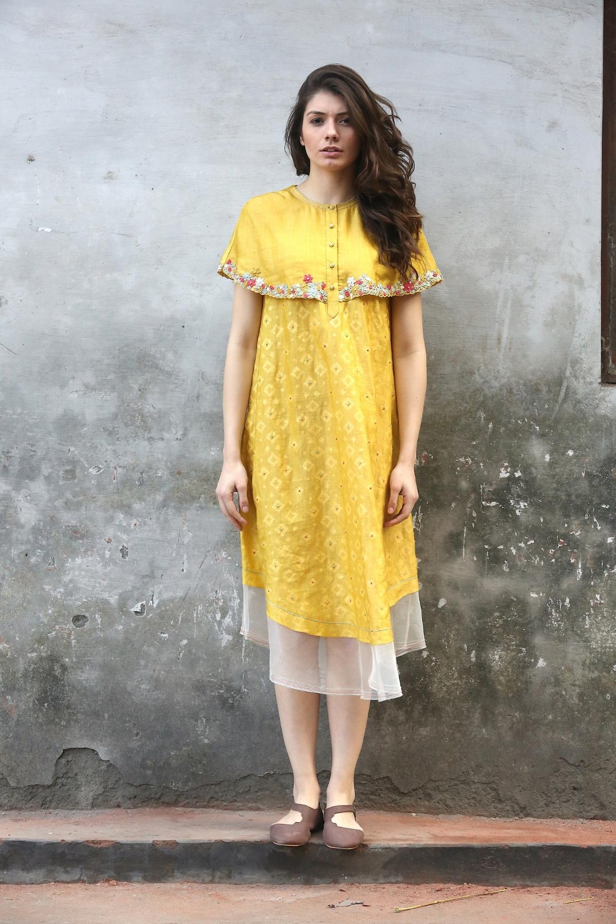 Mustard Embroidered Cape Kurta Dress