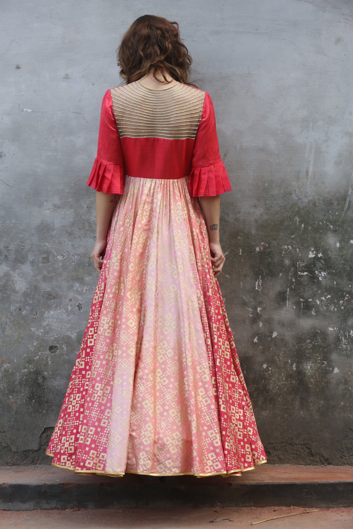 Peach Pink Ombre Ikat Printed Gown With Yoke