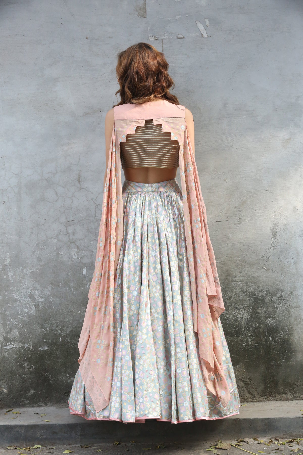 Mint Peach Ikat Printed Lehenga Set