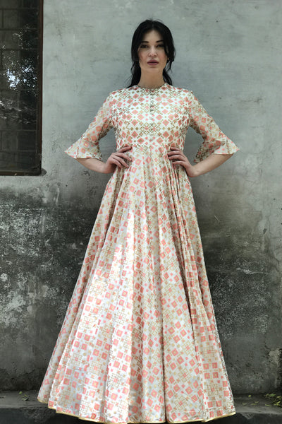 Ivory Ikat Printed Gown