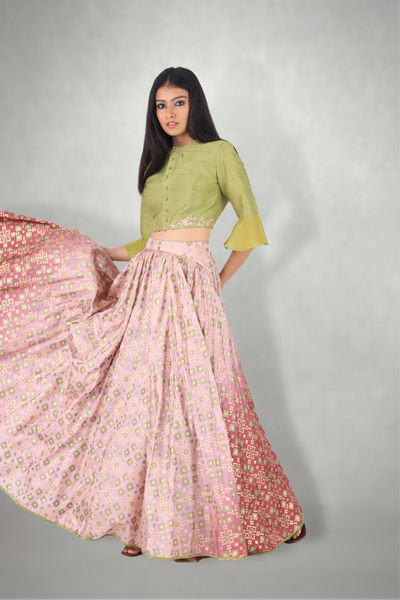 Lilac ikat printed & embroidered Lehenga Set