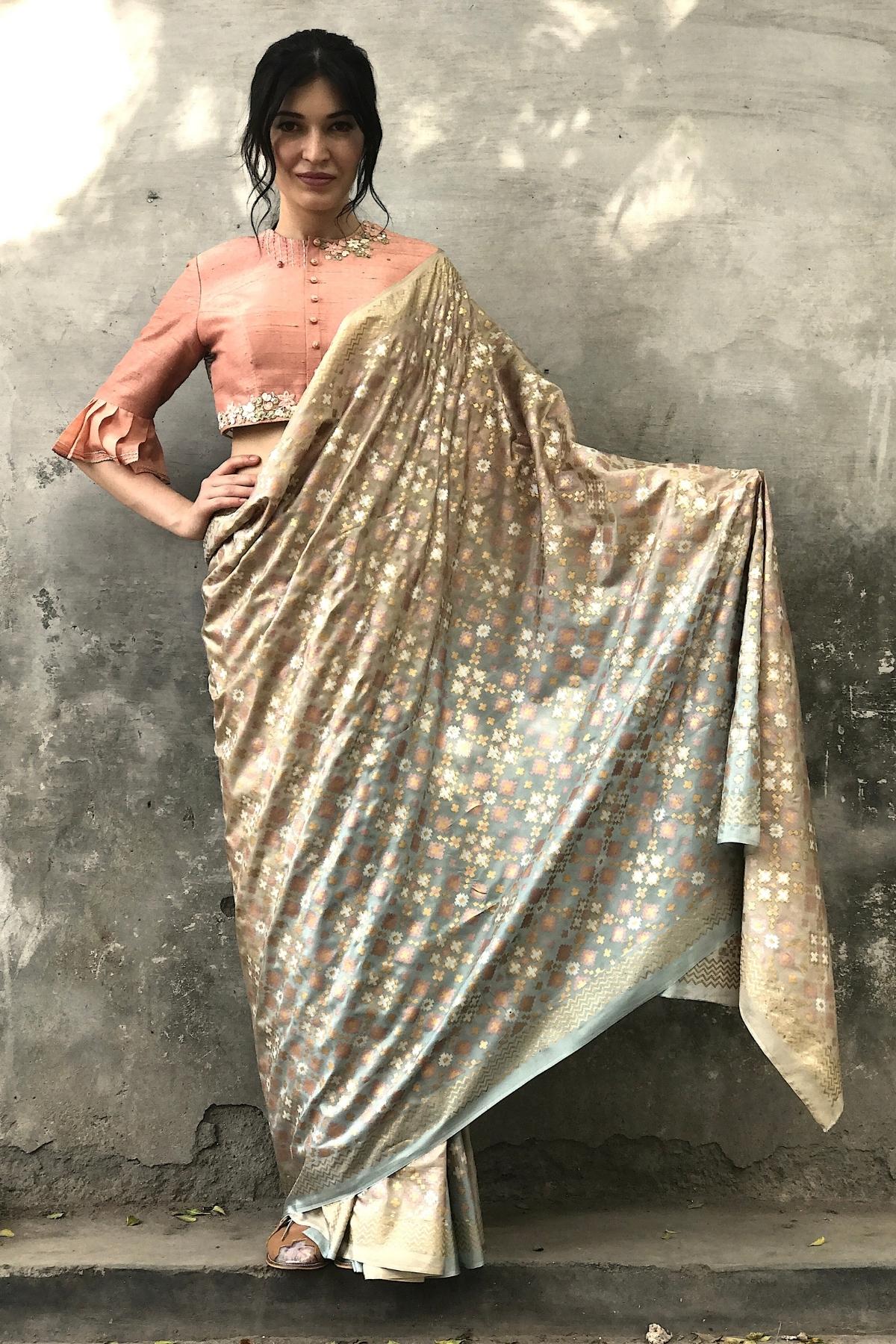 Beige & Mint Ombre Ikat Printed Silk Saree Only