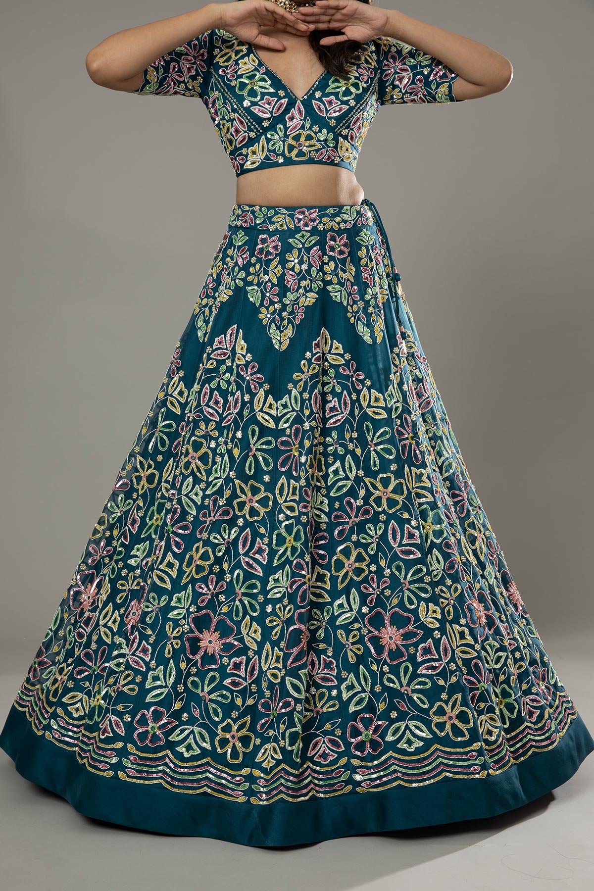 Blueberry candy hand embroidered raw silk lehenga set