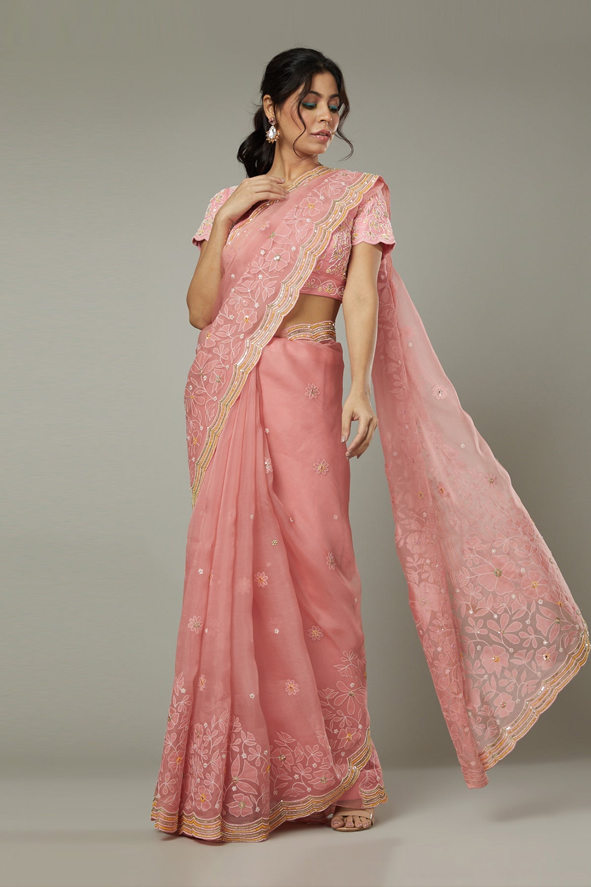 Candy floss applique & hand emboidered silk organza saree set