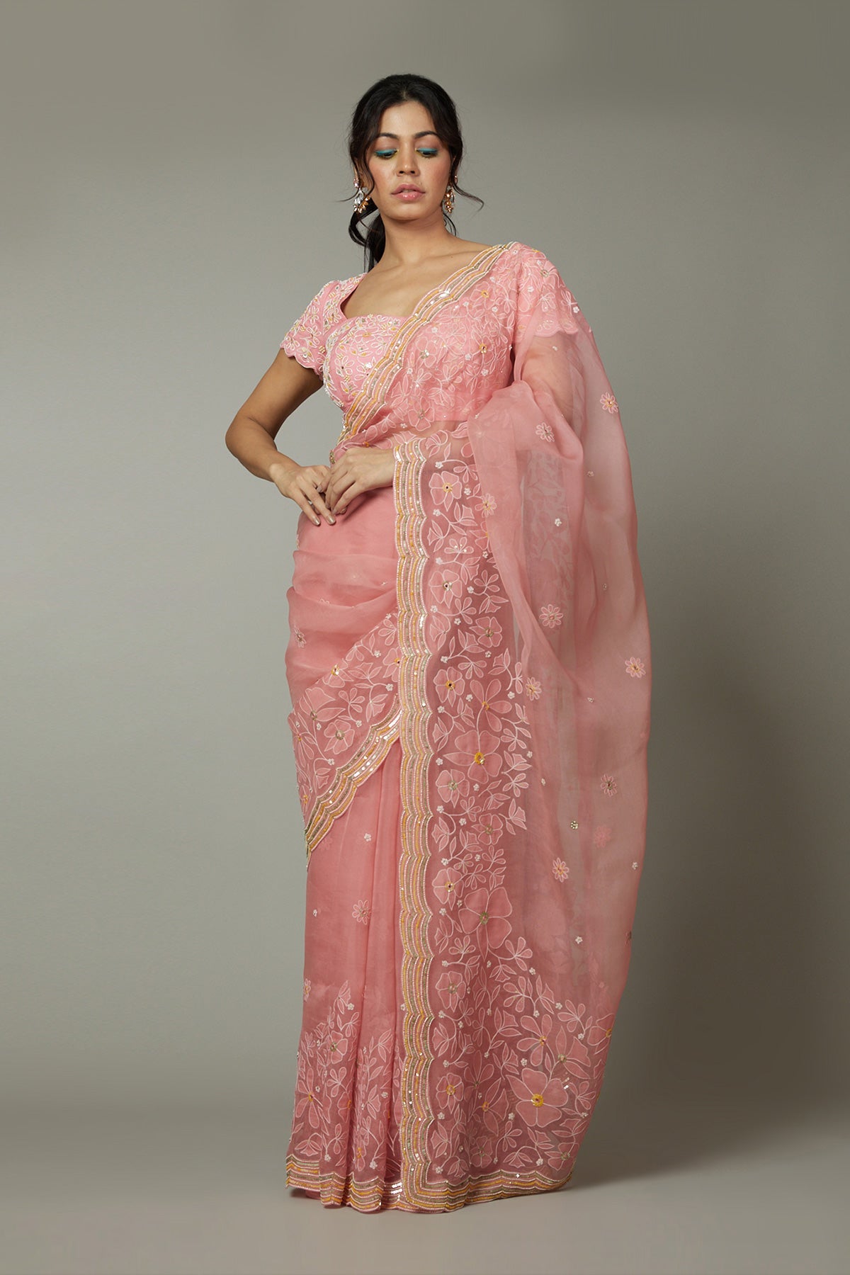 Candy floss applique & hand emboidered silk organza saree set