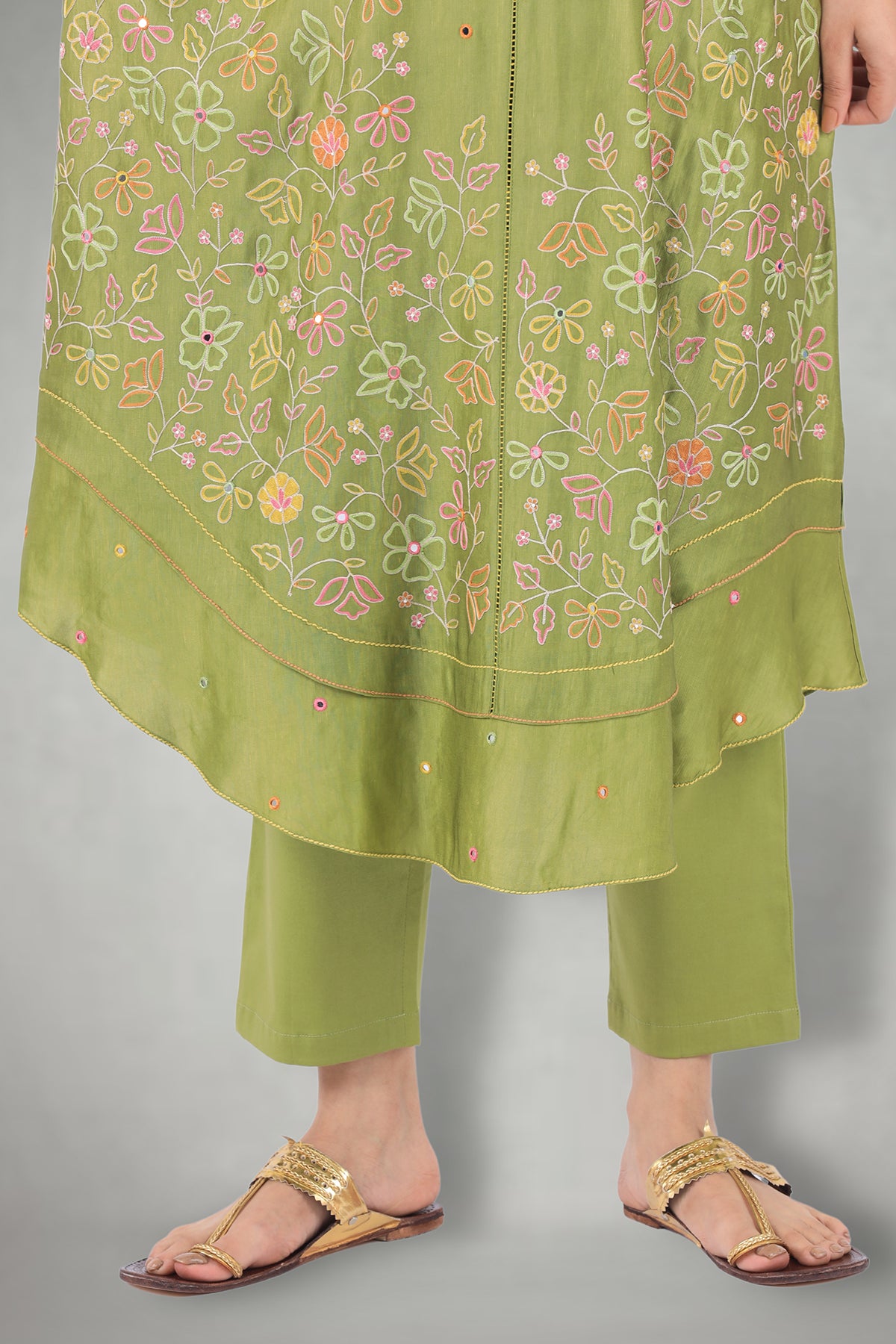 Olive Green Aari & Mirror Work Suit Set